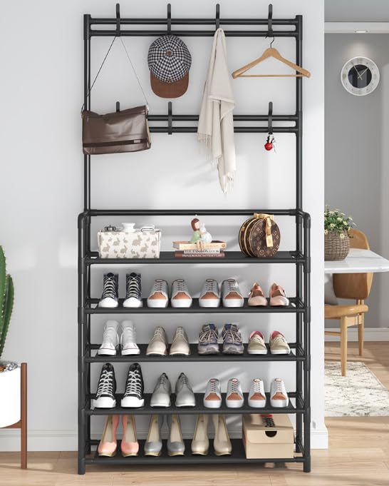 5 Tier Standing Coat and Shoe Rack(Black/White)